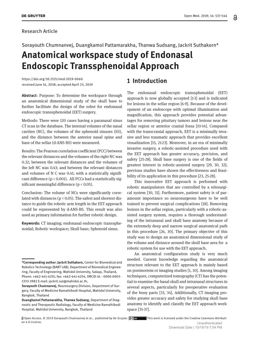 Pdf Anatomical Workspace Study Of Endonasal Endoscopic