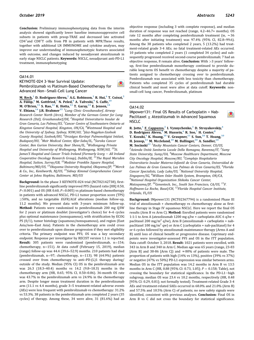 (PDF) OA14.01 KEYNOTE024 3Year Survival Update Pembrolizumab vs