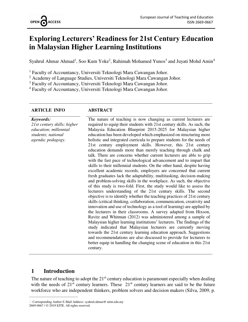 Pdf Exploring Lecturers Readiness For 21st Century Education In Malaysian Higher Learning Institutions