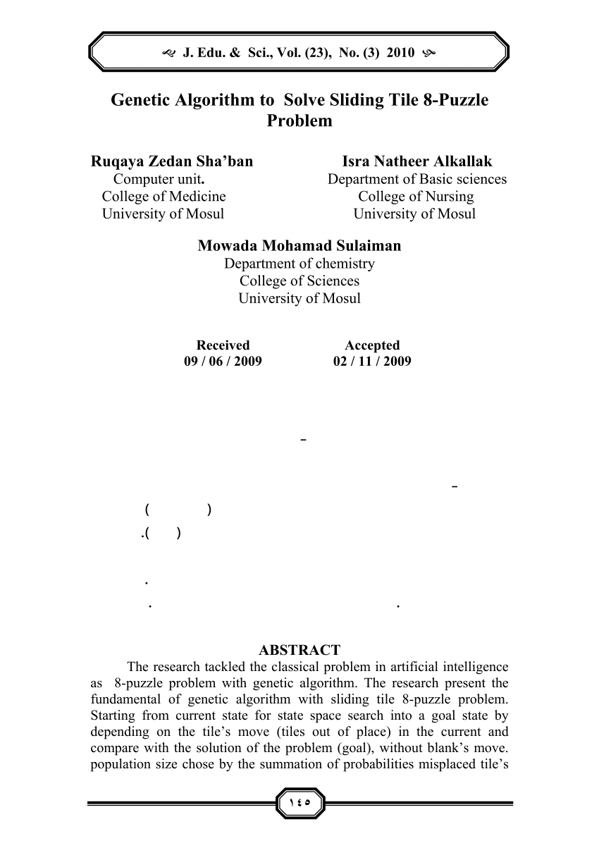 Pdf Genetic Algorithm To Solve Sliding Tile 8 Puzzle Problem