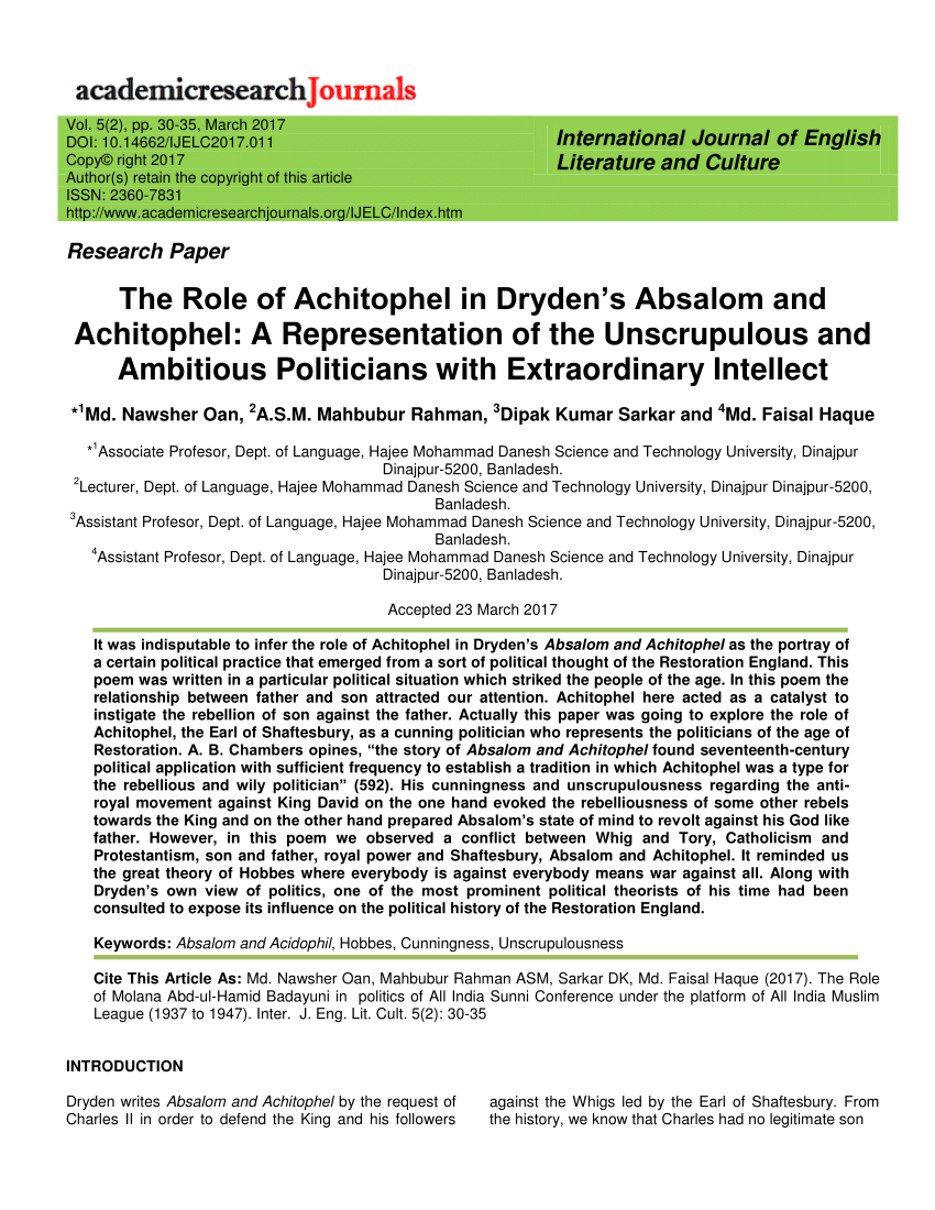 Pdf The Role Of Achitophel In Dryden S Absalom And Achitophel A