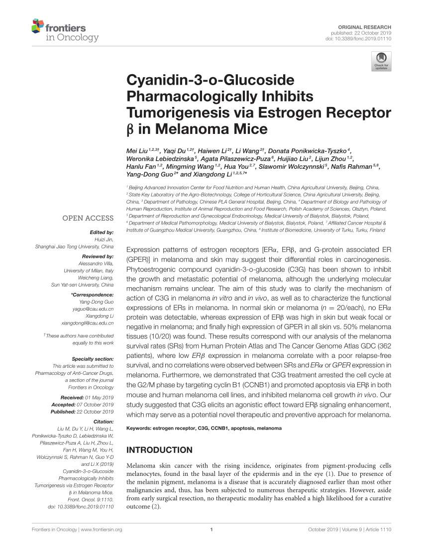 Pdf Cyanidin 3 O Glucoside Pharmacologically Inhibits Tumorigenesis Via Estrogen Receptor B In Melanoma Mice