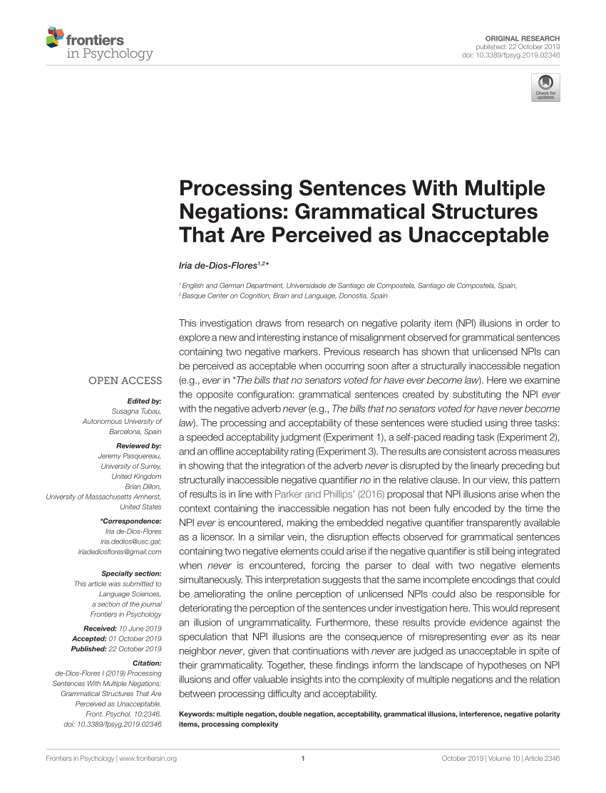 PDF) Processing Sentences With Multiple Negations: Grammatical 