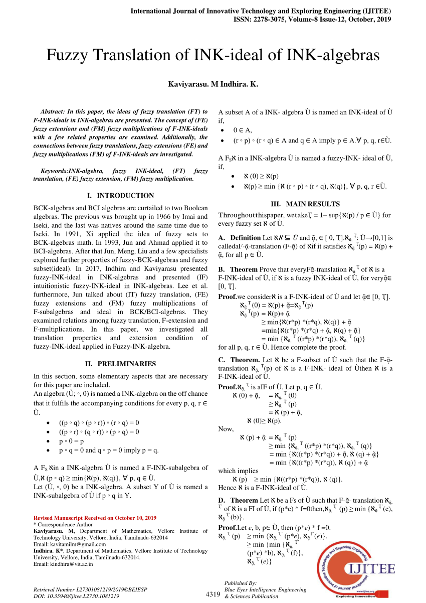 Pdf Fuzzy Translation Of Ink Ideal Of Ink Algebras
