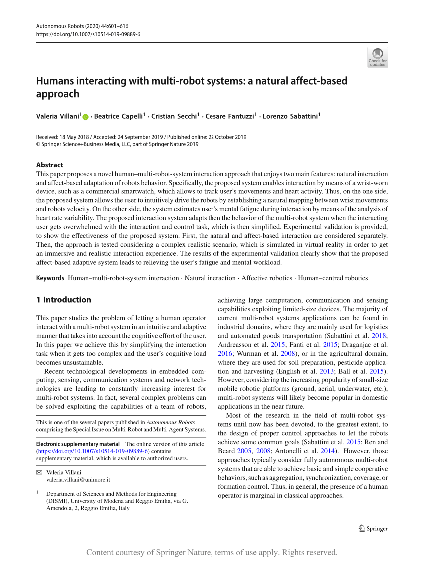 Humans interacting with multi robot systems a natural affect