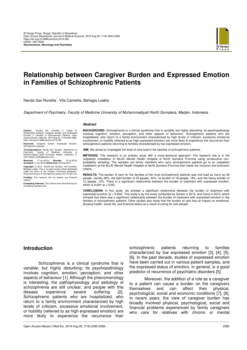 Pdf Relationship Between Caregiver Burden And Expressed Emotion In Families Of Schizophrenic Patients