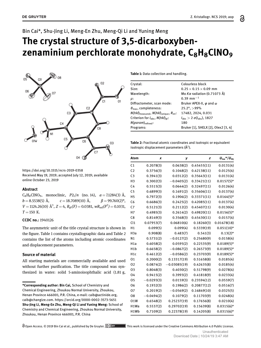 Pdf The Crystal Structure Of 3 5 Dicarboxybenzenaminium Perchlorate Monohydrate C8h8clno9