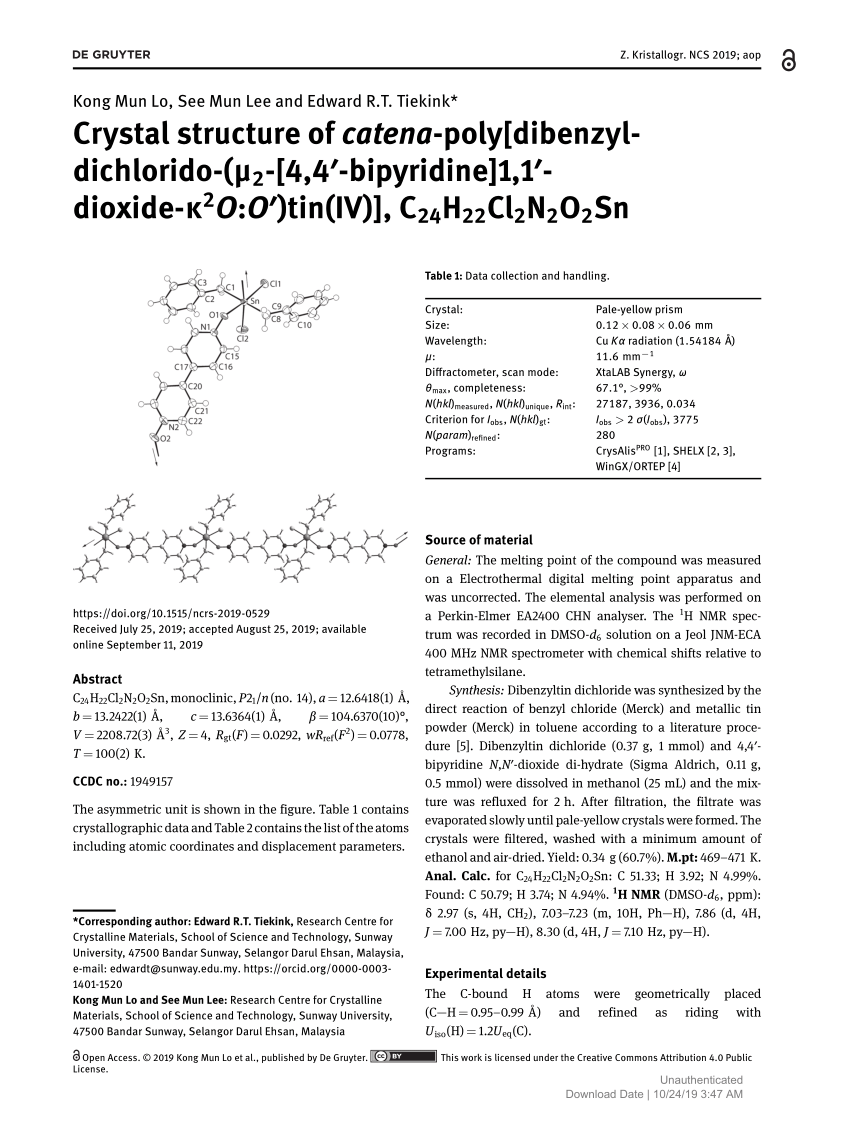 Pdf Crystal Structure Of Catena Poly Dibenzyl Dichlorido M2 4 4 Bipyridine 1 1 Dioxide K2o O Tin Iv C24h22cl2n2o2sn