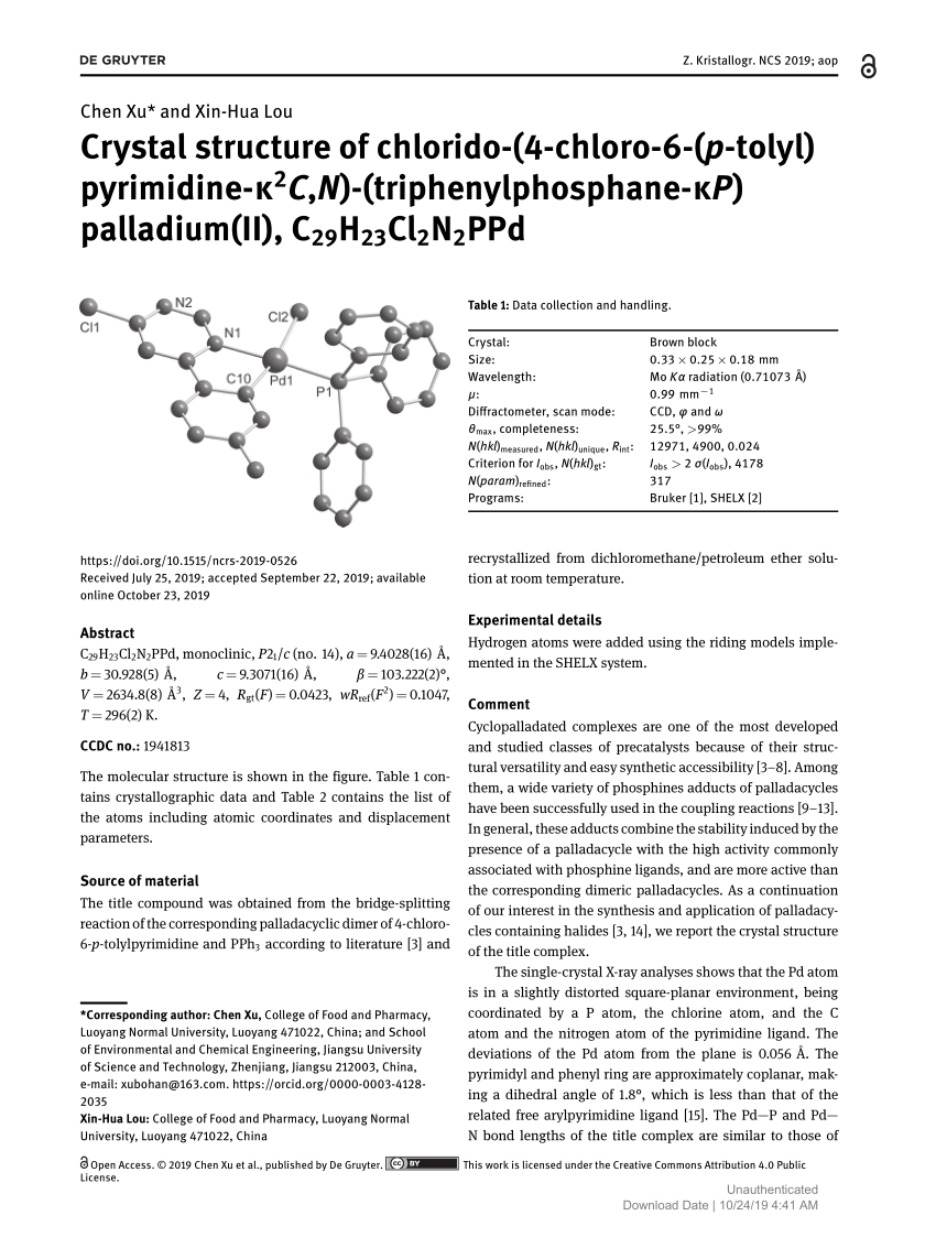 Pdf Crystal Structure Of Chlorido 4 Chloro 6 P Tolyl Pyrimidine K2c N Triphenylphosphane Kp Palladium Ii C29h23cl2n2ppd