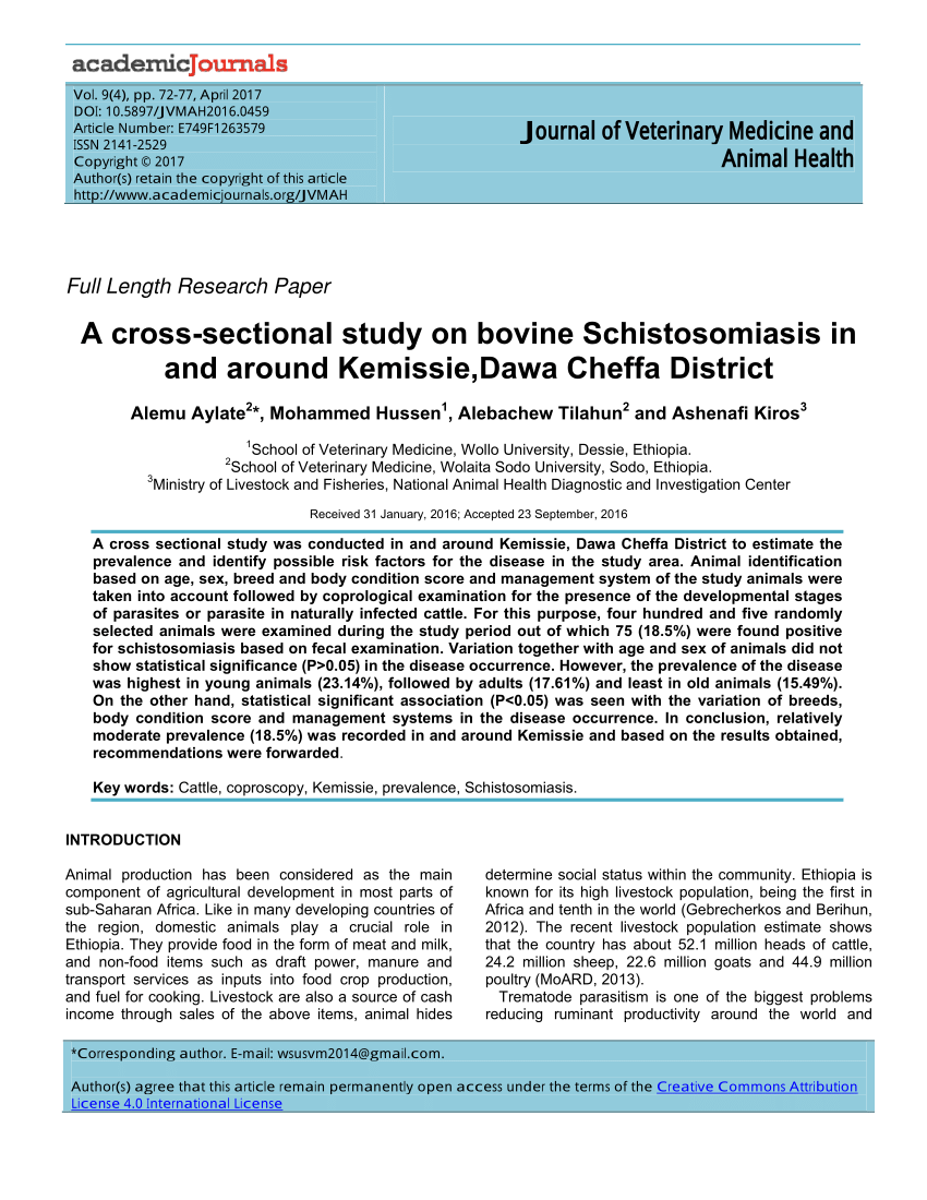 PDF) Journal of Veterinary Medicine and Animal Health A cross-sectional  study on bovine Schistosomiasis in and around Kemissie,Dawa Cheffa District