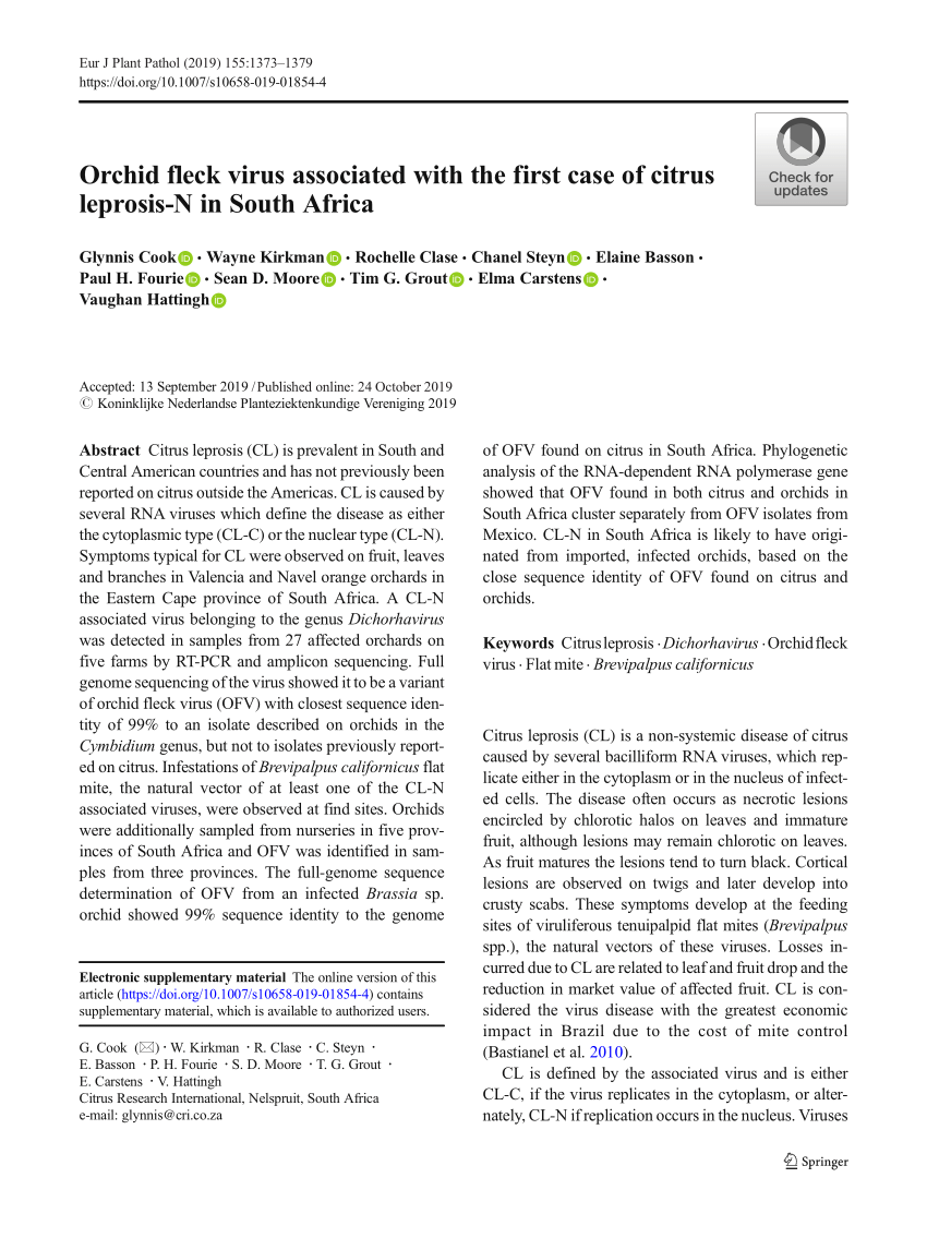 Pdf Orchid Fleck Virus Associated With The First Case Of Citrus Leprosis N In South Africa
