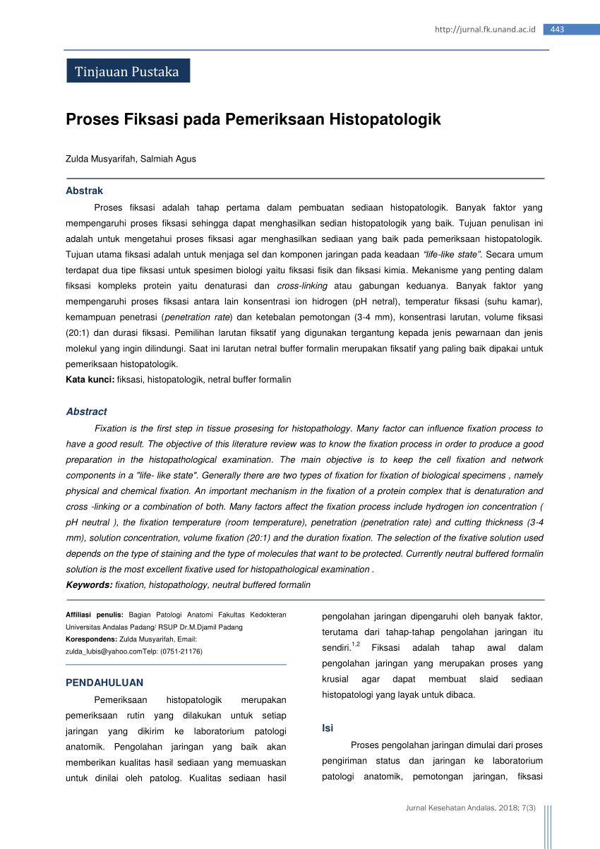 Pdf Proses Fiksasi Pada Pemeriksaan Histopatologik