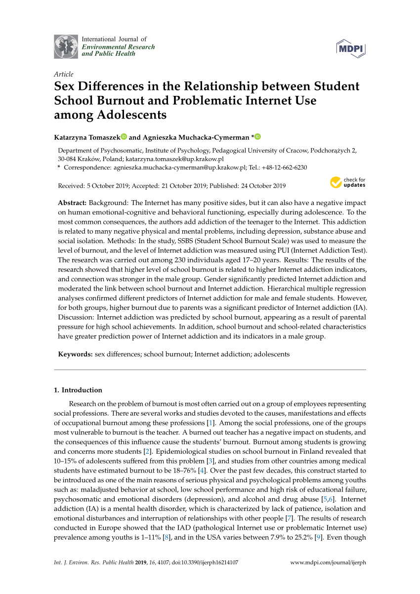 PDF) Sex Differences in the Relationship between Student School Burnout and  Problematic Internet Use among Adolescents