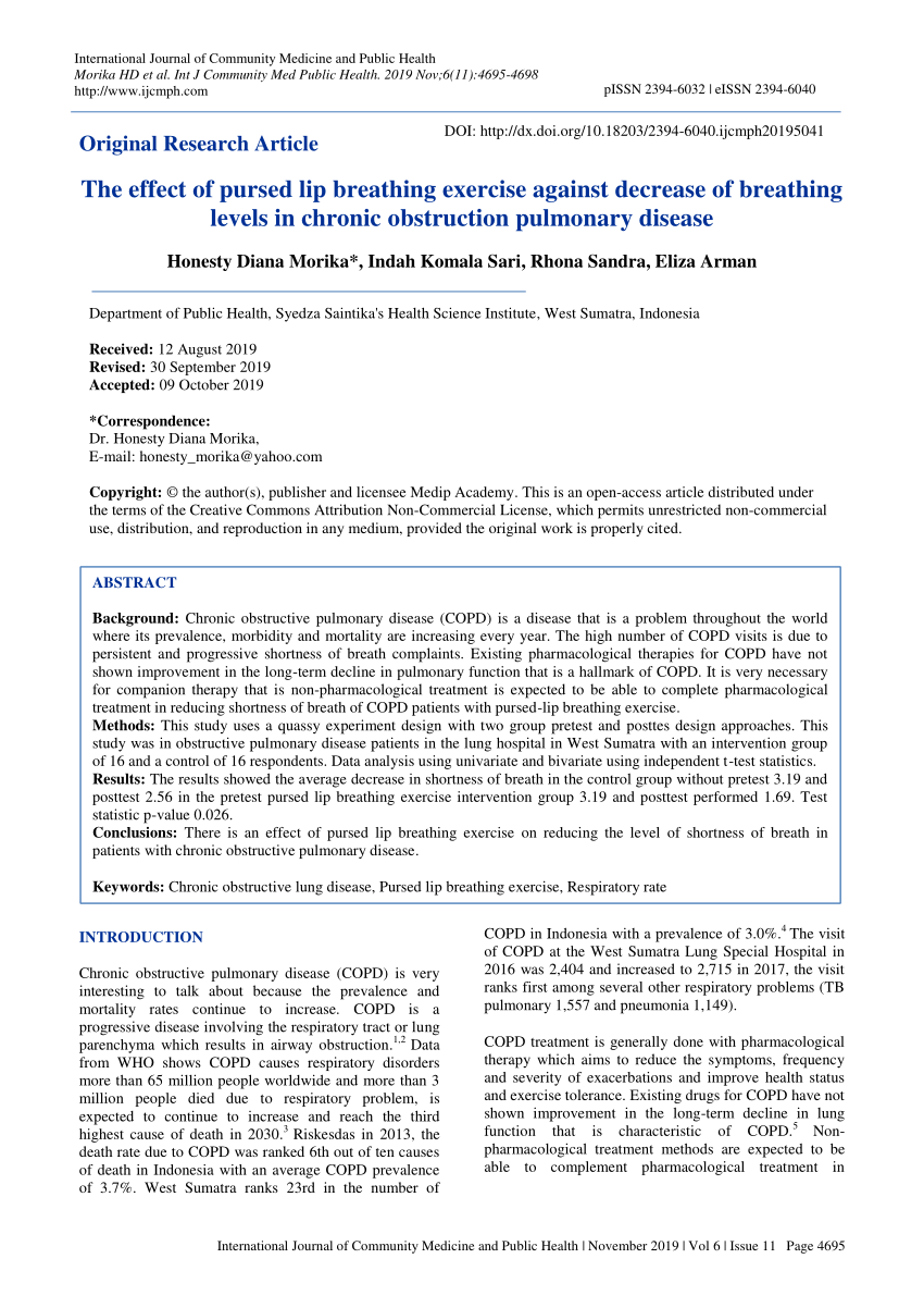 PDF) THE EFFECT OF PURSED LIPS BREATHING IN INCREASING OXYGEN SATURATION IN  PATIENTS WITH CHRONIC OBSTRUCTIVE PULMONARY DISEASE IN INTERNAL WARD 2 OF  THE GENERAL HOSPITAL OF DR. R. SOEDARSONO PASURUAN