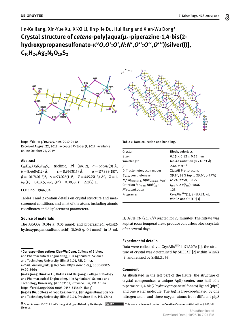 Pdf Crystal Structure Of Catena Poly Aqua M4 Piperazine 1 4 Bis 2 Hydroxypropanesulfonato K8o O O N N O O O Silver I C10h24ag2n2o10s2