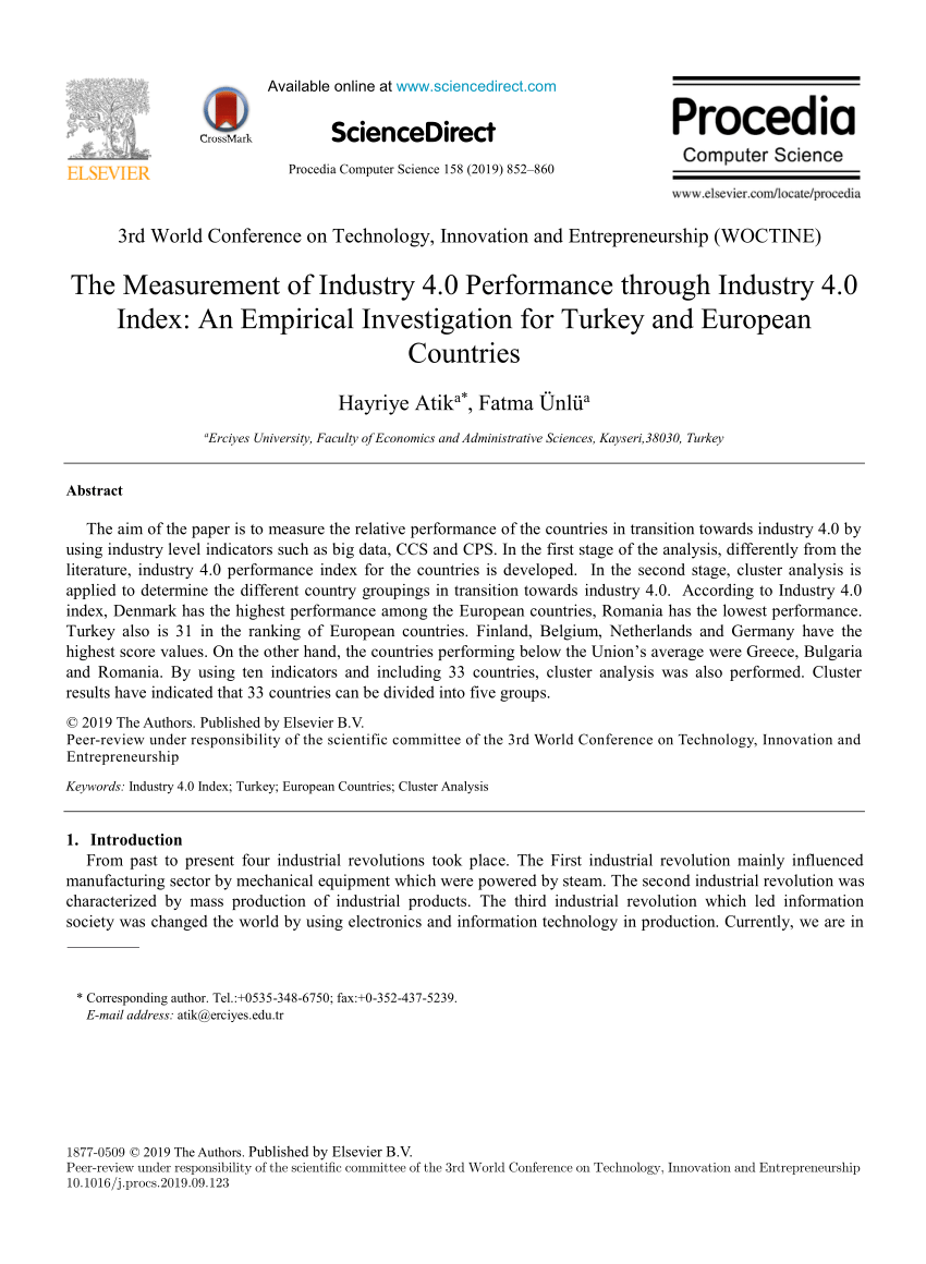 pdf the measurement of industry 4 0 performance through industry 4 0 index an empirical investigation for turkey and european countries