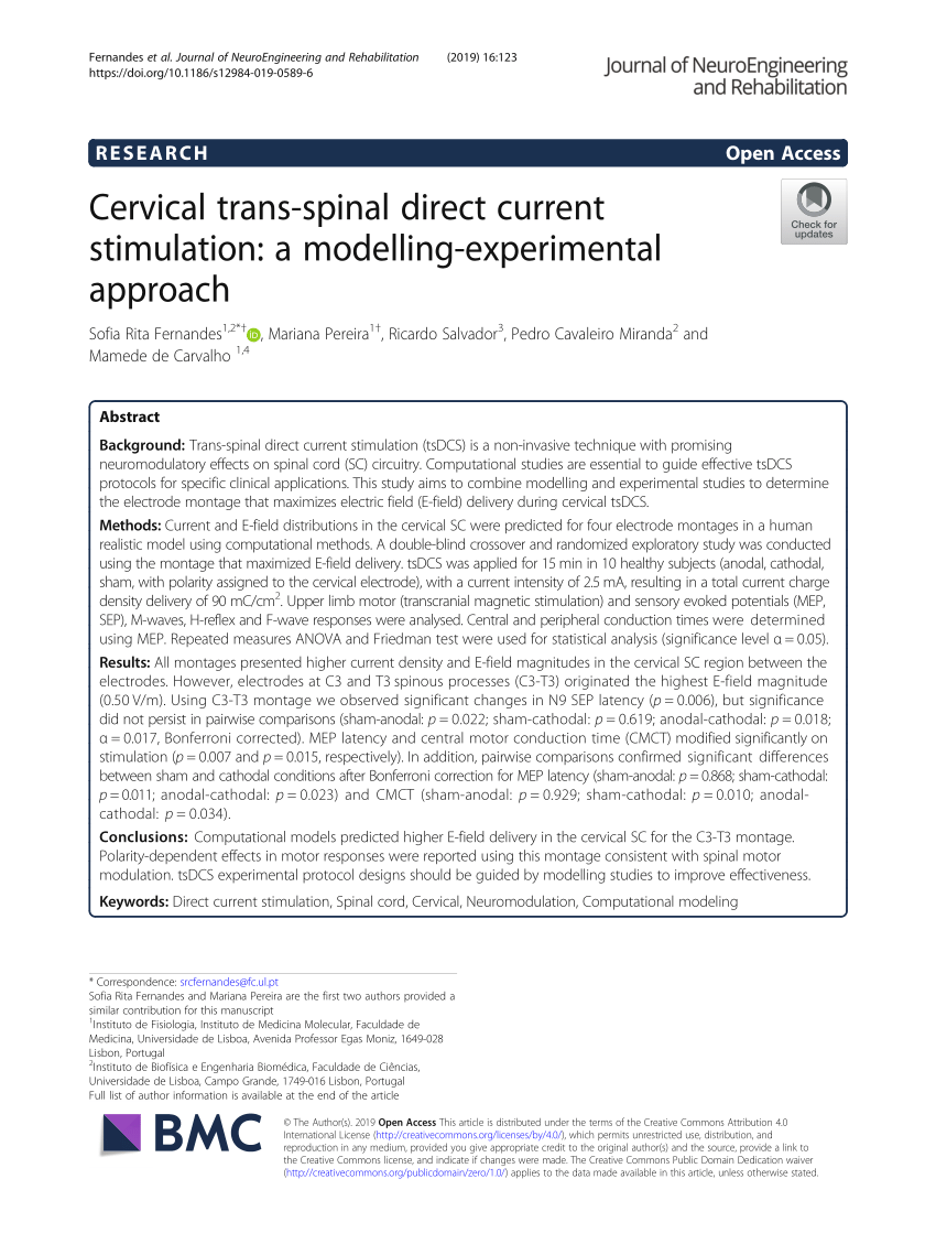 Pdf Cervical Trans Spinal Direct Current Stimulation A Modelling Experimental Approach