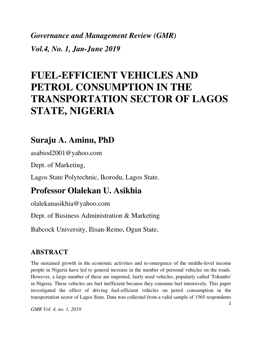 PDF) FUEL-EFFICIENT VEHICLES AND PETROL CONSUMPTION IN THE ...
