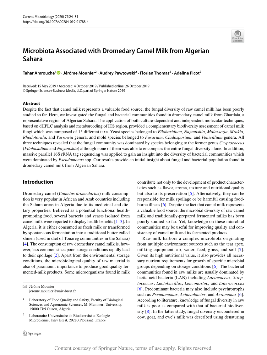 Microbiota Associated With Dromedary Camel Milk From Algerian Sahara Request Pdf