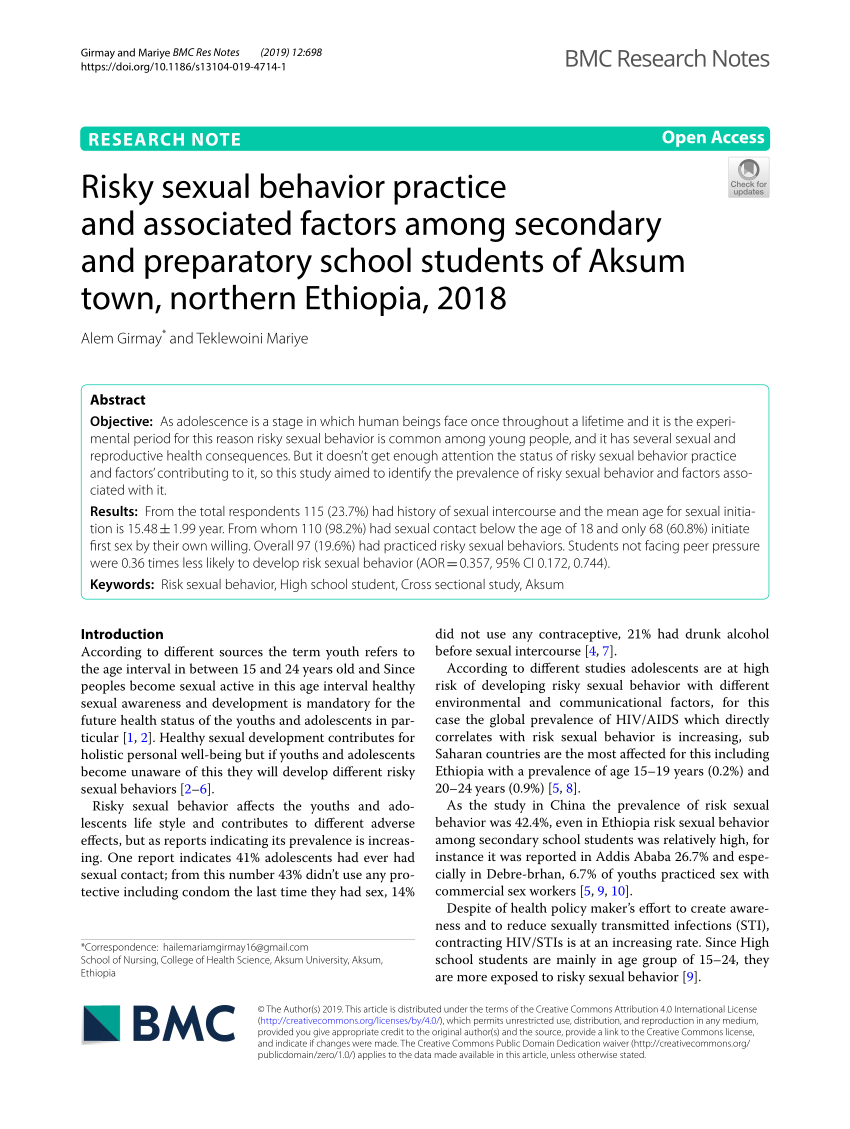Pdf Risky Sexual Behavior Practice And Associated Factors Among Secondary And Preparatory