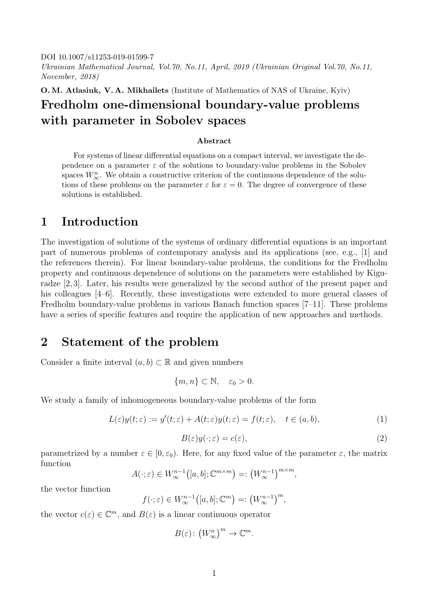 Pdf Fredholm One Dimensional Boundary Value Problems With Parameter In Sobolev Spaces