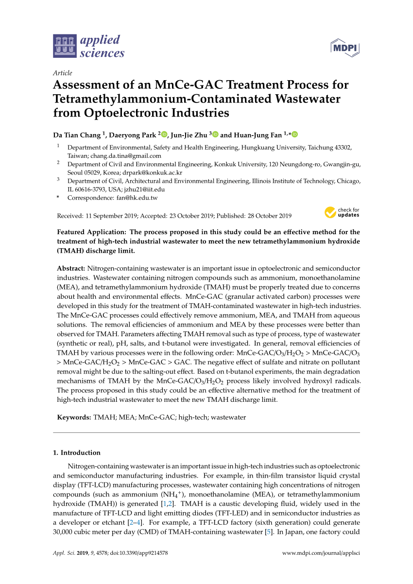 Pdf Assessment Of An Mnce Gac Treatment Process For Tetramethylammonium Contaminated Wastewater From Optoelectronic Industries