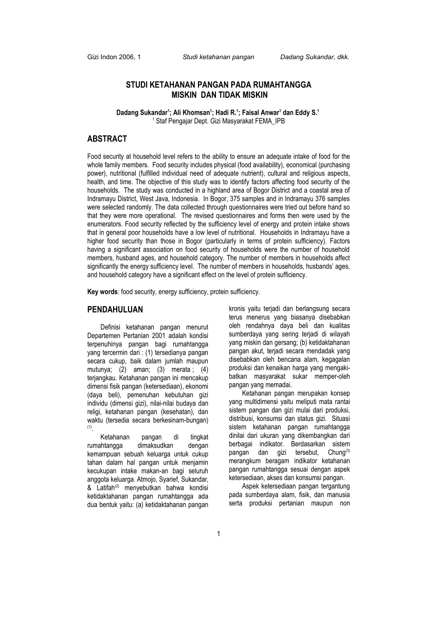 Pdf Studi Ketahanan Pangan Pada Rumahtangga Miskin Dan Tidak Miskin