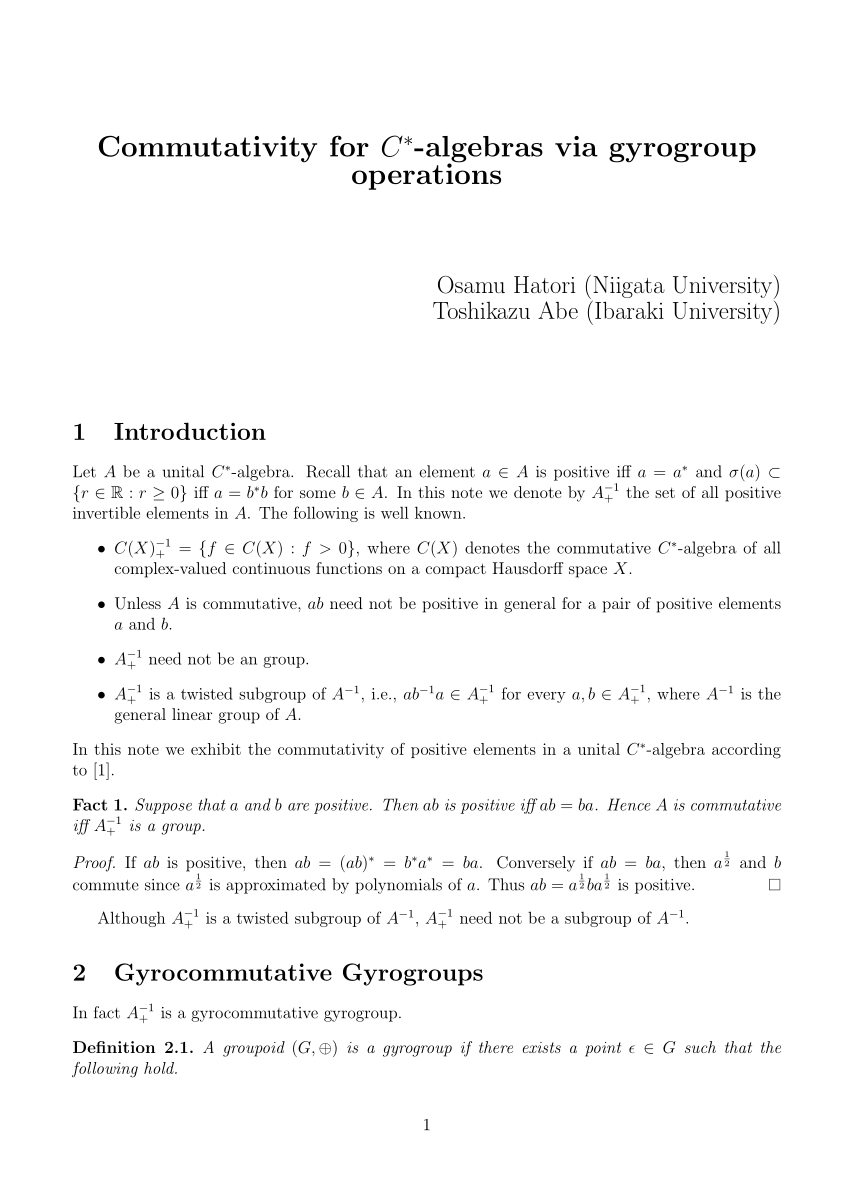Pdf Commutativity For C Algebras Via Gyrogroup Operations