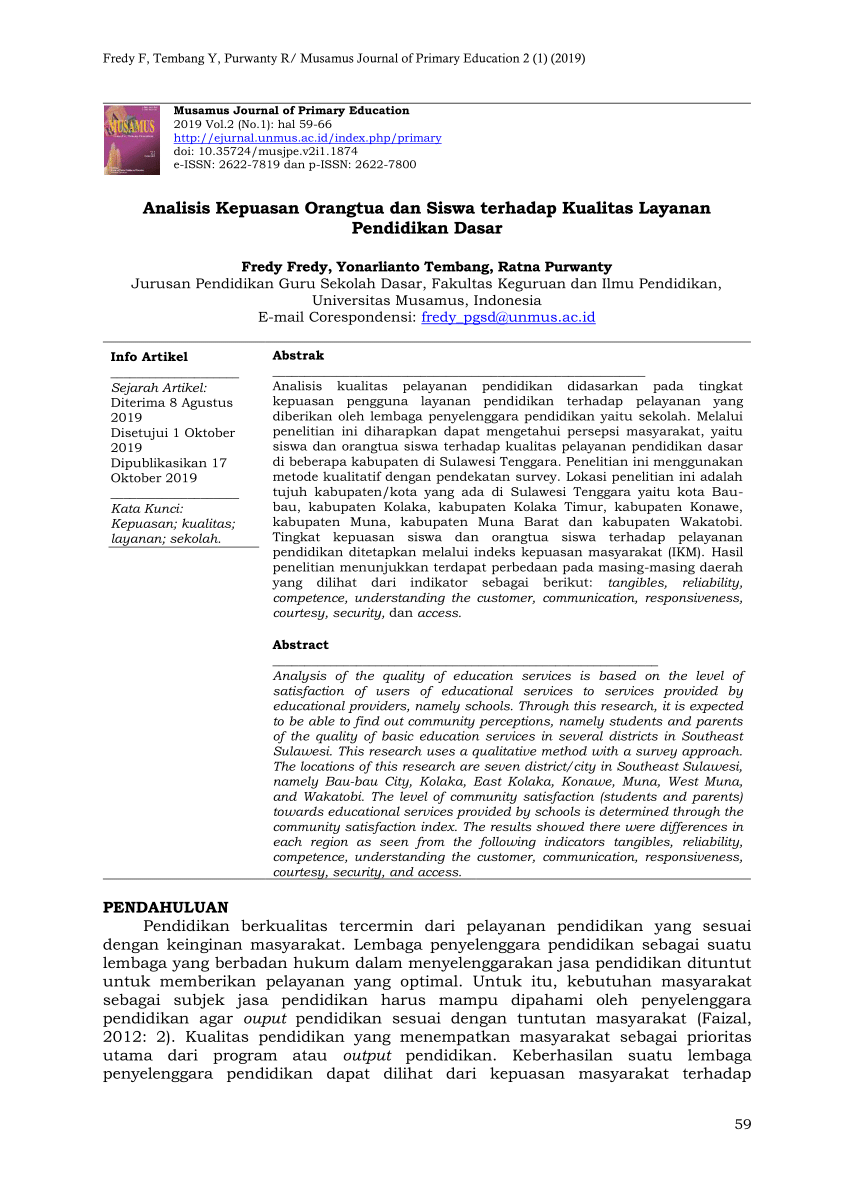 Pdf Analisis Kepuasan Orangtua Dan Siswa Terhadap Kualitas Layanan