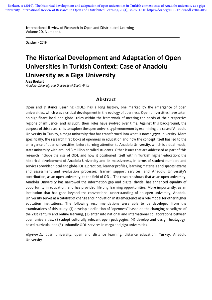 Pdf The Historical Development And Adaptation Of Open Universities In Turkish Context Case Of Anadolu University As A Giga University