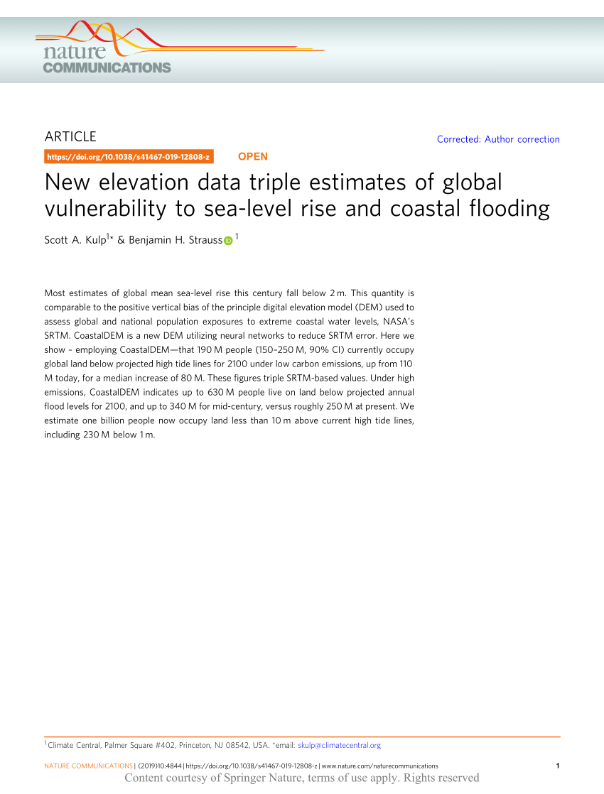 Pdf New Elevation Data Triple Estimates Of Global Vulnerability To Sea Level Rise And Coastal Flooding