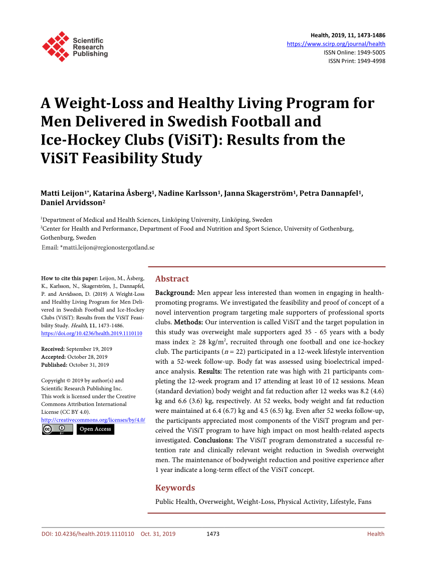 PDF) A Weight-Loss and Healthy Living Program for Men Delivered in Swedish  Football and Ice-Hockey Clubs (ViSiT): Results from the ViSiT Feasibility  Study