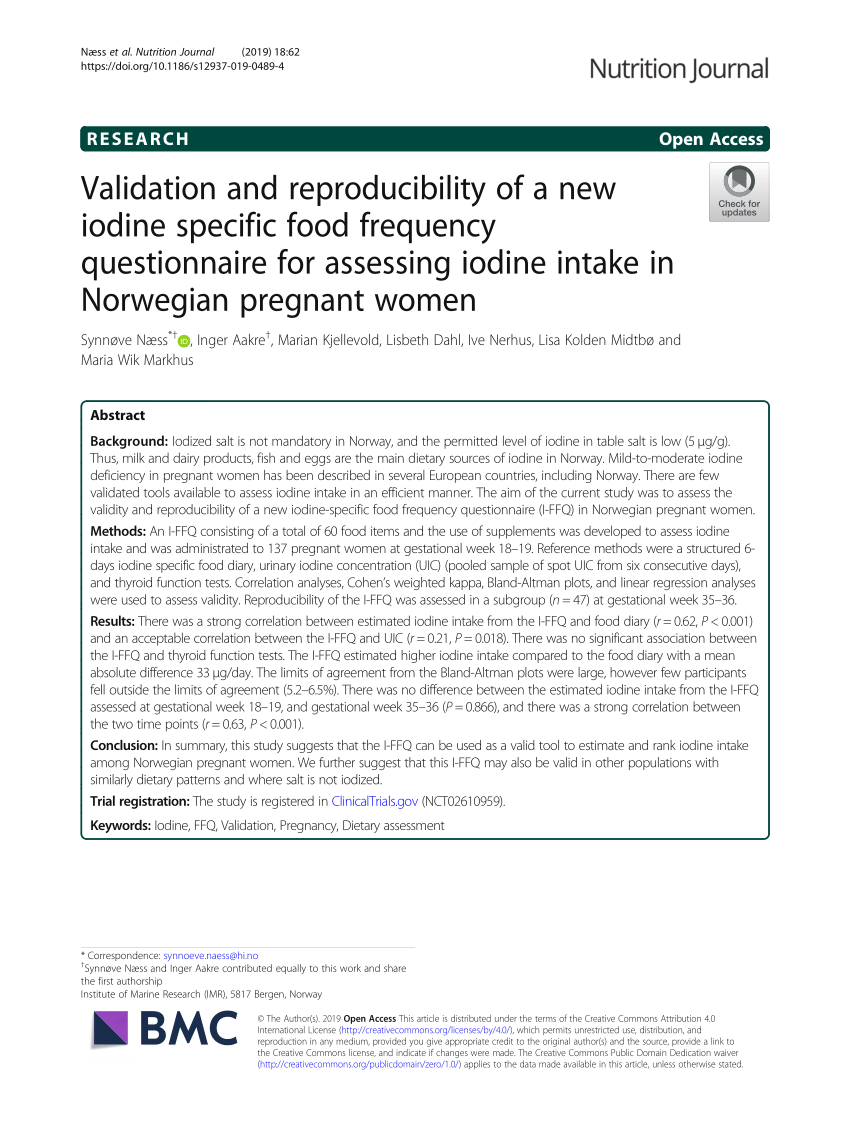 PDF) Validation and reproducibility of a new iodine specific food frequency  questionnaire for assessing iodine intake in Norwegian pregnant women