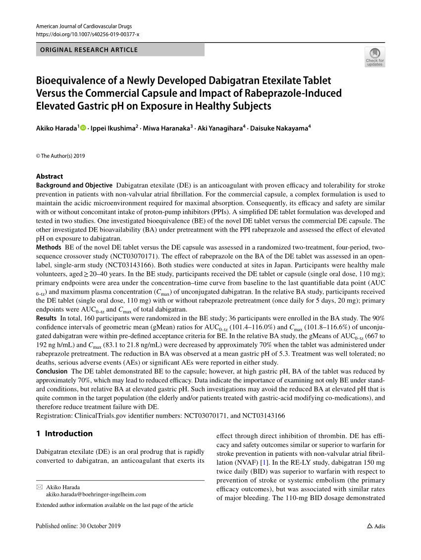 Pdf Bioequivalence Of A Newly Developed Dabigatran Etexilate Tablet Versus The Commercial Capsule And Impact Of Rabeprazole Induced Elevated Gastric Ph On Exposure In Healthy Subjects