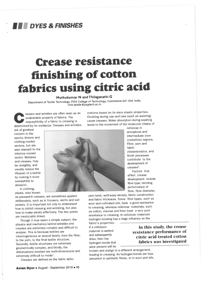 (PDF) Crease resistance finishing of cotton fabrics using citric acid