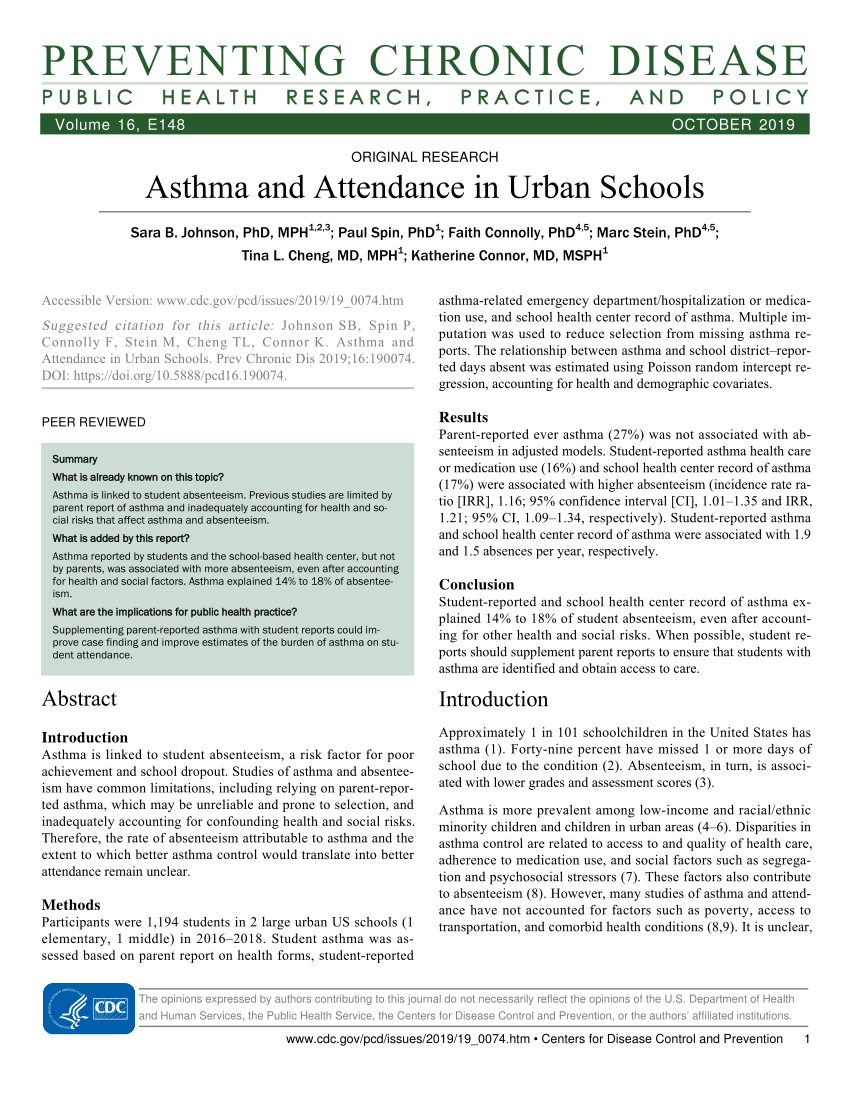 Pdf Asthma And Attendance In Urban Schools