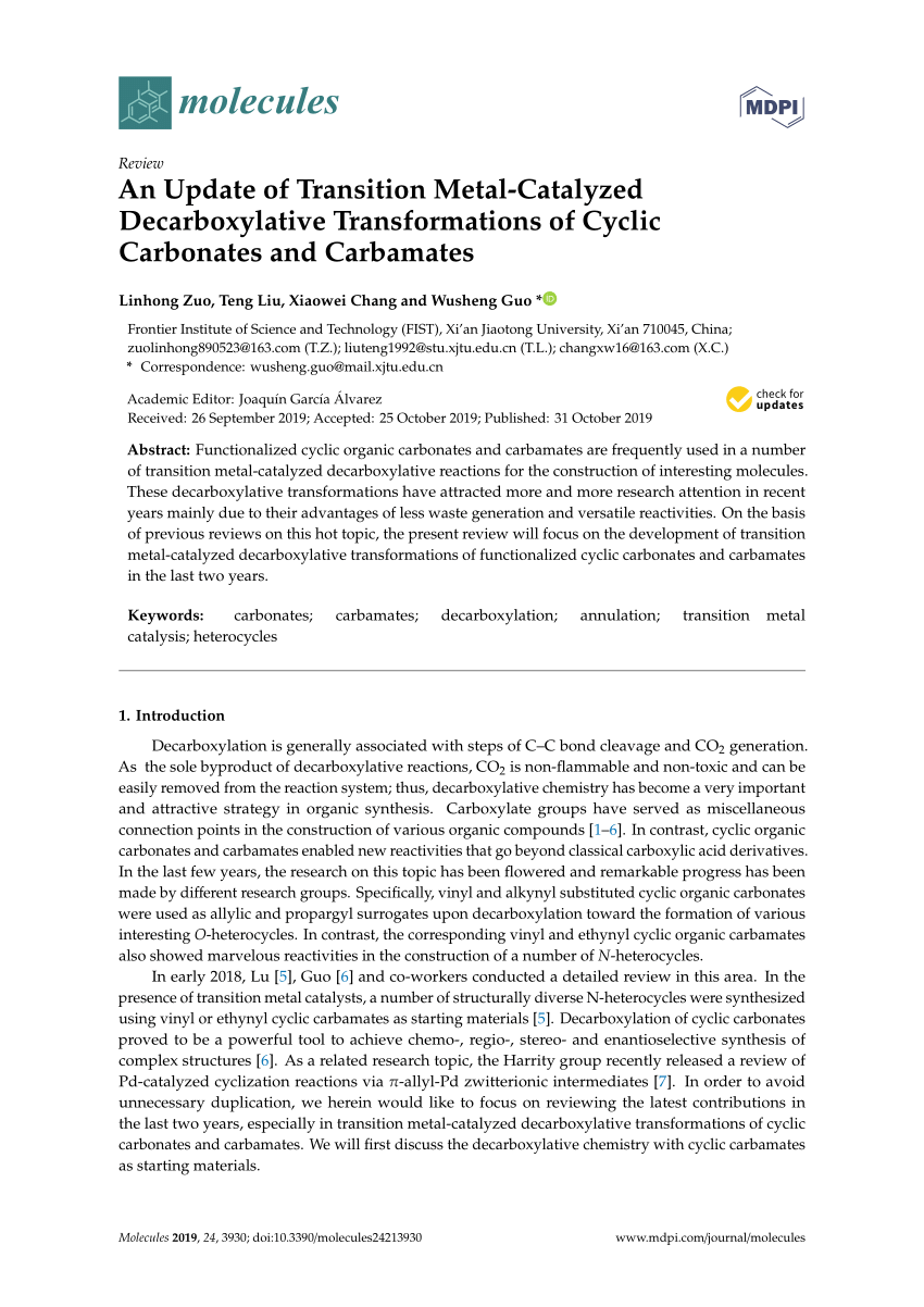 Pdf An Update Of Transition Metal Catalyzed Decarboxylative Transformations Of Cyclic Carbonates And Carbamates