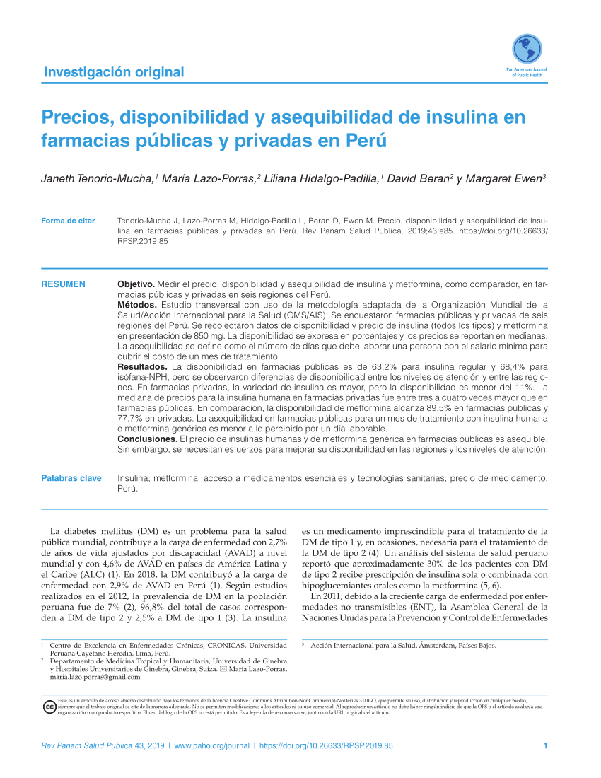 Pdf Precios Disponibilidad Y Asequibilidad De Insulina En Farmacias Publicas Y Privadas En Peru