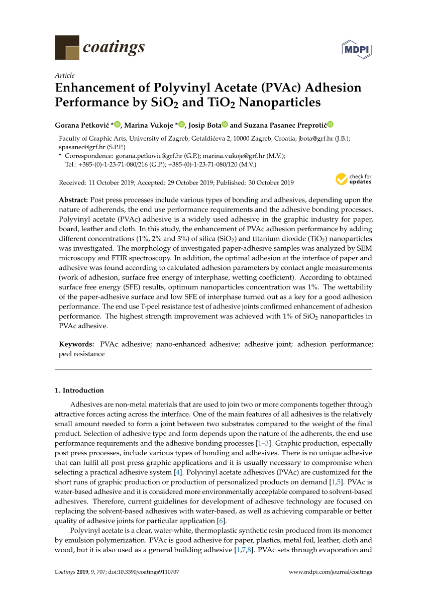 Pdf Enhancement Of Polyvinyl Acetate Pvac Adhesion Performance By Sio2 And Tio2 Nanoparticles