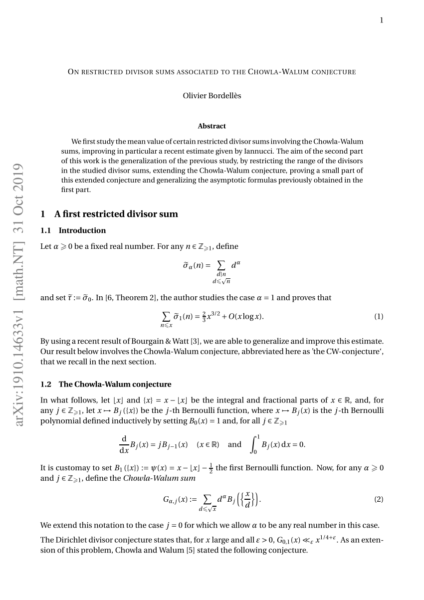Pdf On Restricted Divisor Sums Associated To The Chowla Walum Conjecture