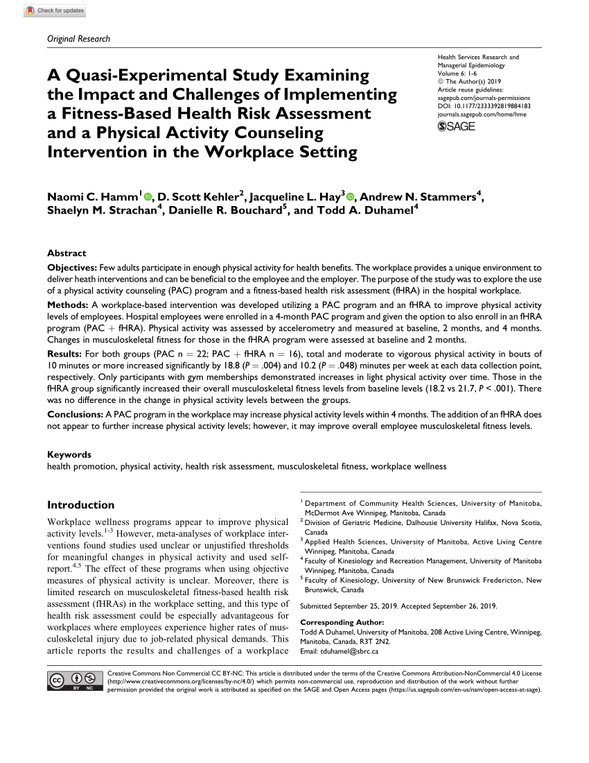Pdf A Quasi Experimental Study Examining The Impact And Challenges Of Implementing A Fitness Based Health Risk Assessment And A Physical Activity Counseling Intervention In The Workplace Setting
