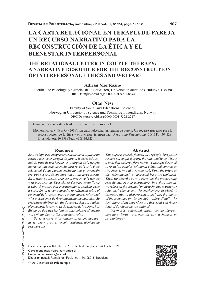 PDF) La carta relacional en terapia de pareja: Un recurso narrativo para la  reconstrucción de la ética y el bienestar interpersonal