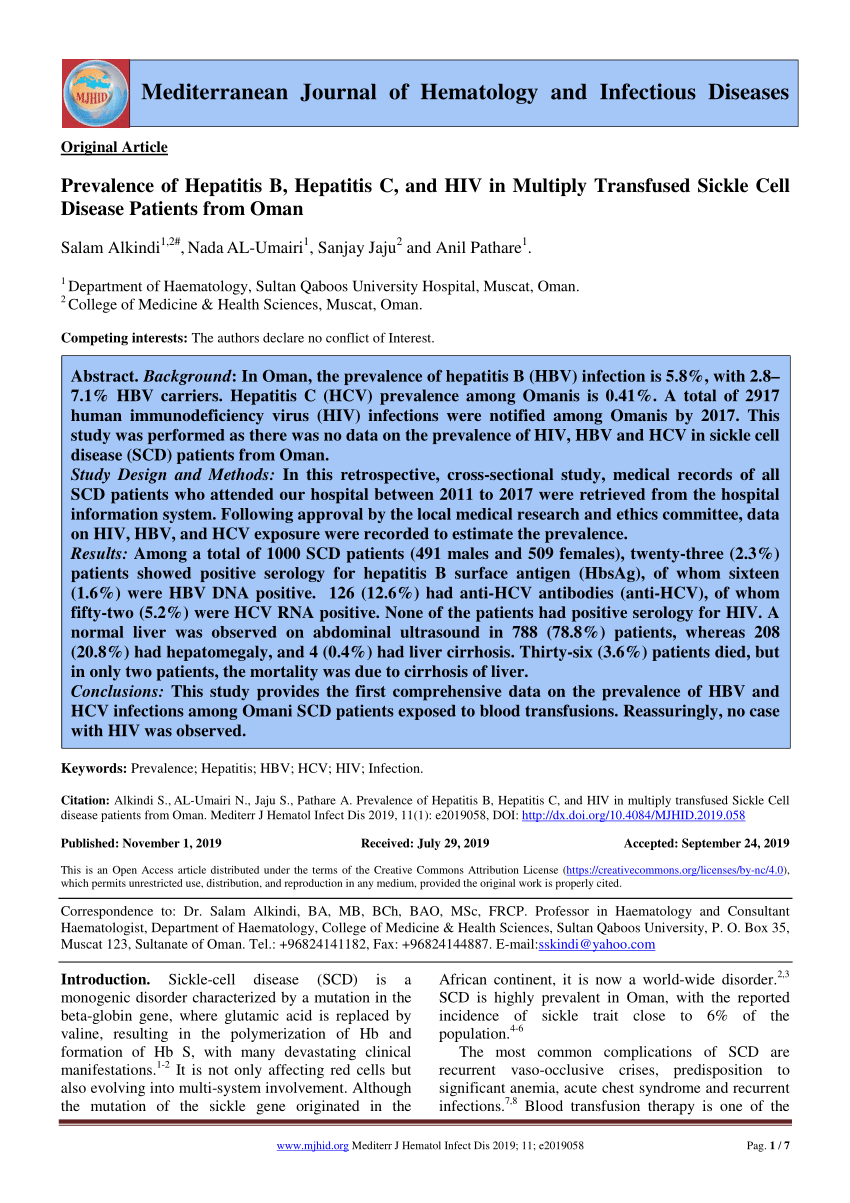 Pdf Prevalence Of Hepatitis B Hepatitis C And Hiv In Multiply Transfused Sickle Cell Disease Patients From Oman