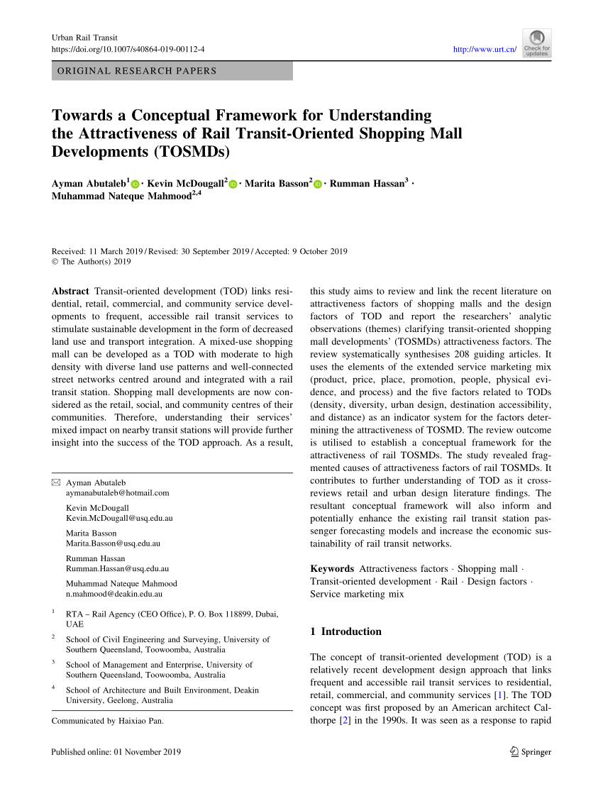 PDF) Towards a Conceptual Framework for Understanding the Attractiveness of  Rail Transit-Oriented Shopping Mall Developments (TOSMDs)