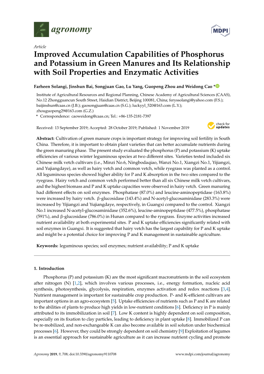 Pdf Improved Accumulation Capabilities Of Phosphorus And Potassium In Green Manures And Its Relationship With Soil Properties And Enzymatic Activities