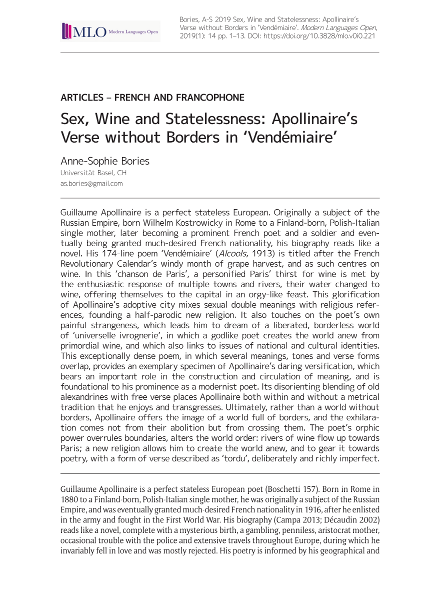 Pdf Sex Wine And Statelessness Apollinaire S Verse Without Borders In Vendemiaire