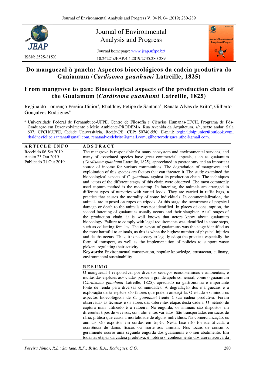PDF) Do manguezal à panela: Aspectos bioecológicos da cadeia produtiva do  Guaiamum (Cardisoma guanhumi Latreille, 1825)