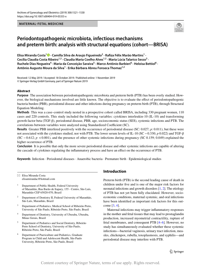 Periodontopathogenic Microbiota Infectious Mechanisms And Preterm Birth Analysis With Structural Equations Cohort Brisa Request Pdf