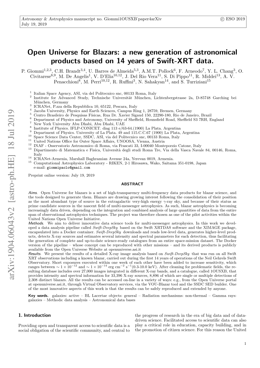 Pdf Open Universe For Blazars A New Generation Of Astronomical Products Based On 14 Years Of Swift Xrt Data