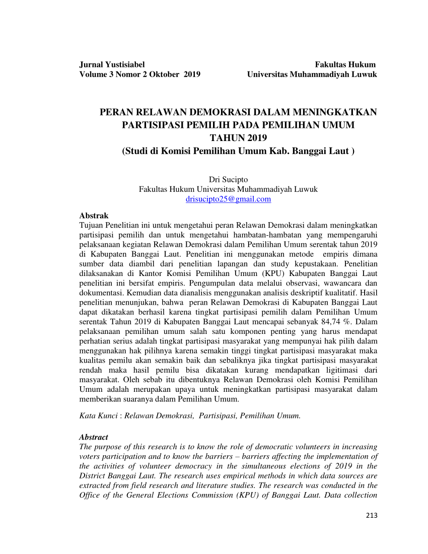 Pdf Peran Relawan Demokrasi Dalam Meningkatkan Partisipasi Pemilih Pada Pemilihan Umum Tahun 2019 Studi Di Komisi Pemilihan Umum Kab Banggai Laut
